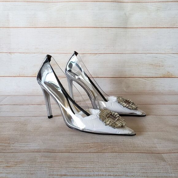Good American Cinderella Crystal Jeweled Point Toe Clear Translucent Pumps - Picture 9 of 15